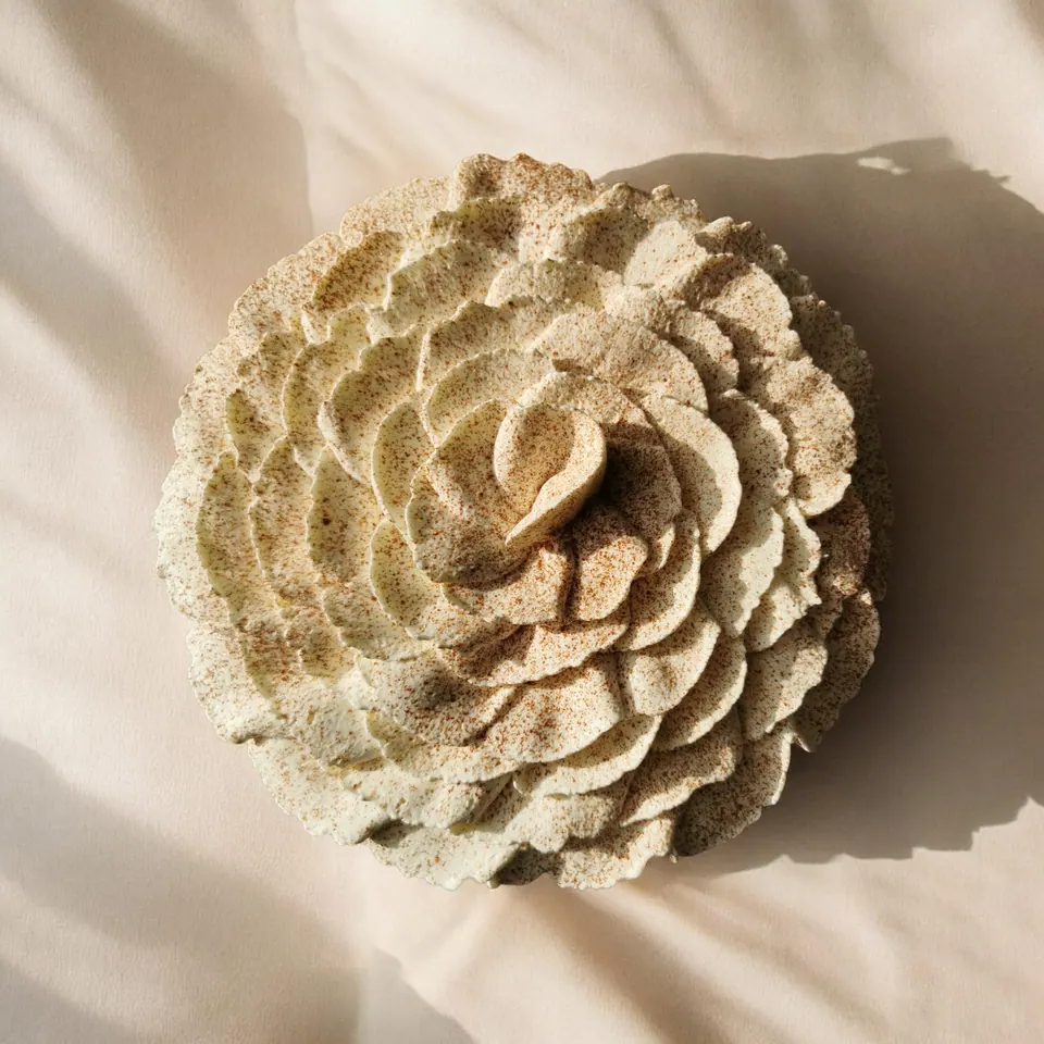 Tarte décorée de pétales de crème en forme de fleur, saupoudrée de cacao
